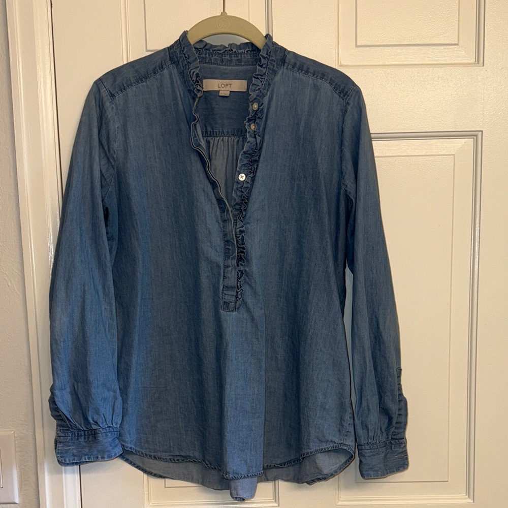 LOFT Blue Ruffle Denim Top